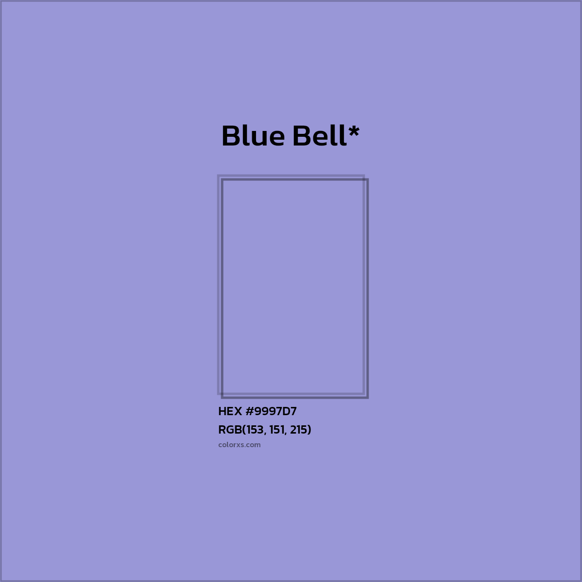 #9997D7 hex color. RGB, RYB, CMYK, HSL, HSV codes and color conversions. Matching color names, palettes, paints.
