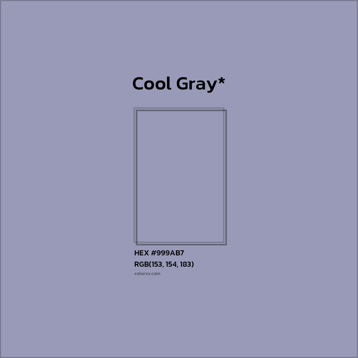 #999AB7 hex color. RGB, RYB, CMYK, HSL, HSV codes and color conversions. Matching color names, palettes, paints.
