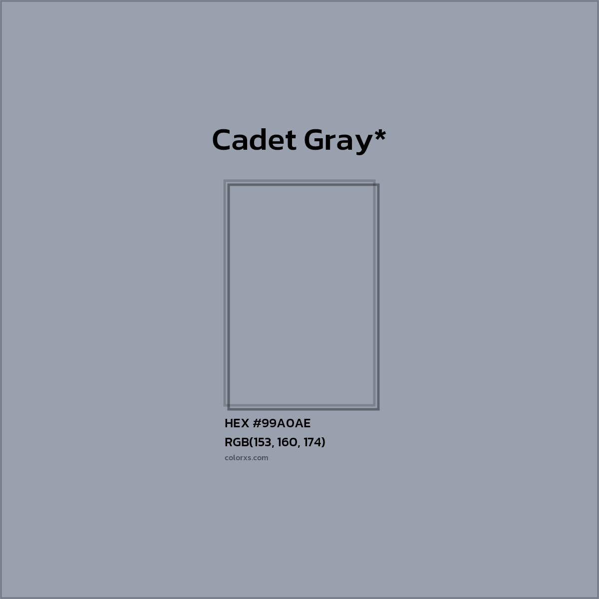 #99A0AE hex color. RGB, RYB, CMYK, HSL, HSV codes and color conversions. Matching color names, palettes, paints.
