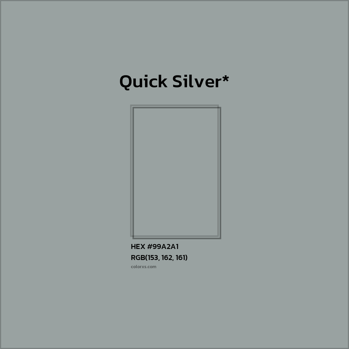 #99A2A1 hex color. RGB, RYB, CMYK, HSL, HSV codes and color conversions. Matching color names, palettes, paints.