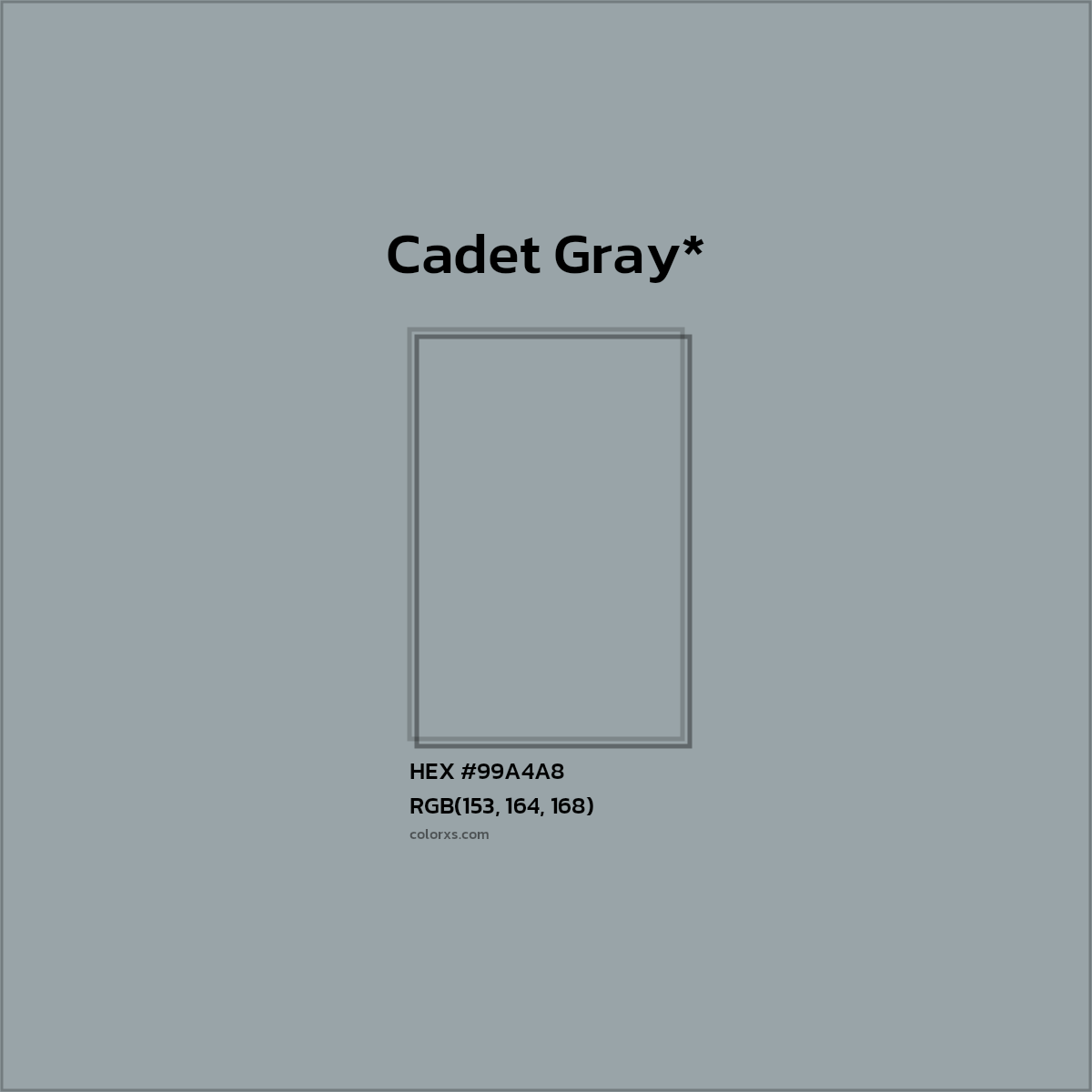 #99A4A8 hex color. RGB, RYB, CMYK, HSL, HSV codes and color conversions. Matching color names, palettes, paints.