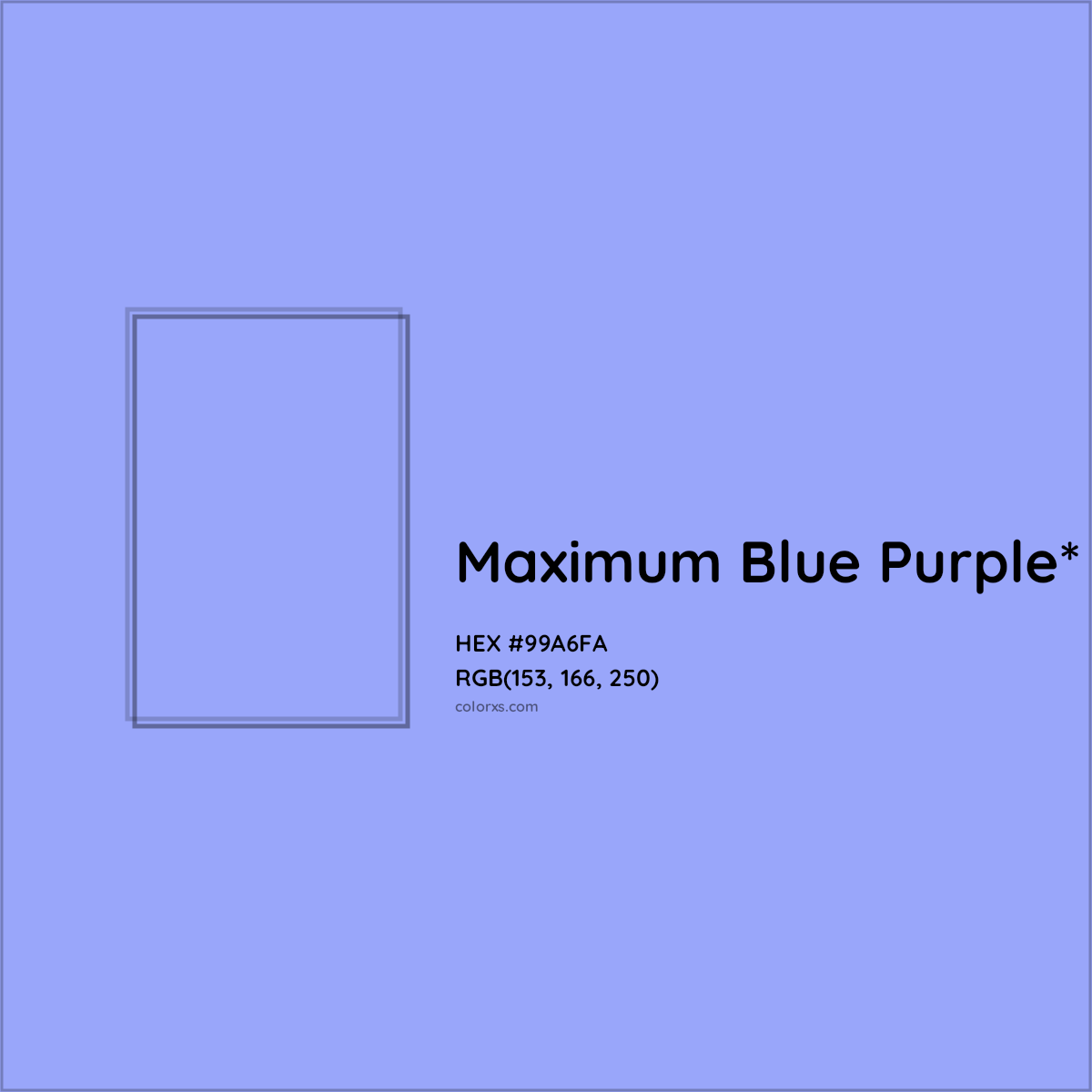 #99A6FA hex color. RGB, RYB, CMYK, HSL, HSV codes and color conversions. Matching color names, palettes, paints.