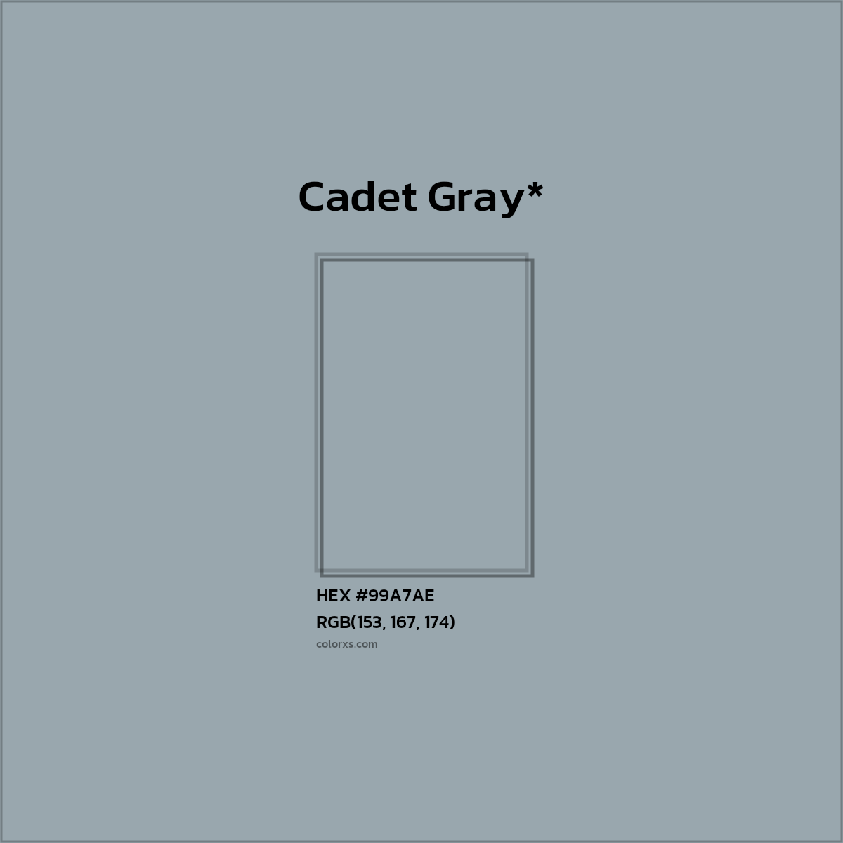 #99A7AE hex color. RGB, RYB, CMYK, HSL, HSV codes and color conversions. Matching color names, palettes, paints.