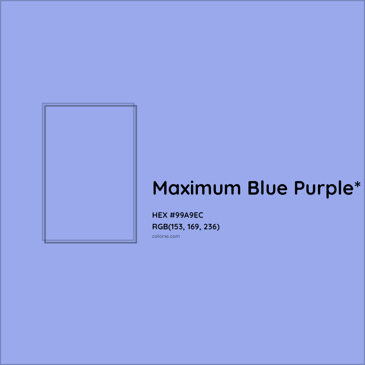 #99A9EC hex color. RGB, RYB, CMYK, HSL, HSV codes and color conversions. Matching color names, palettes, paints.