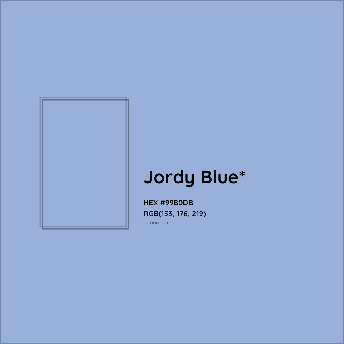 #99B0DB hex color. RGB, RYB, CMYK, HSL, HSV codes and color conversions. Matching color names, palettes, paints.