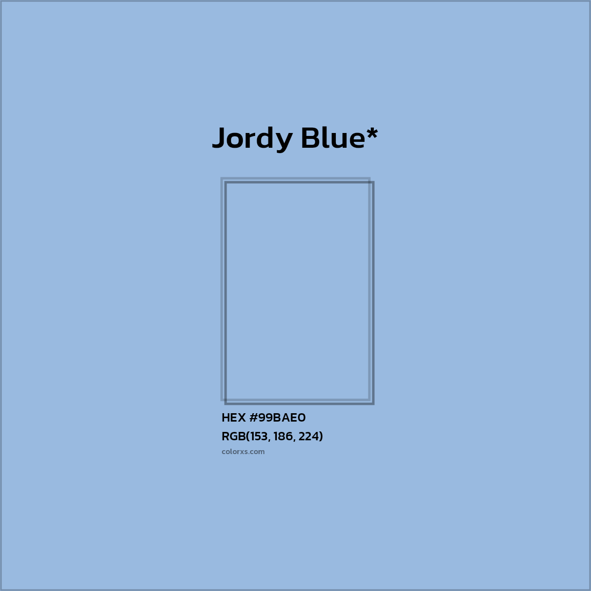 #99BAE0 hex color. RGB, RYB, CMYK, HSL, HSV codes and color conversions. Matching color names, palettes, paints.