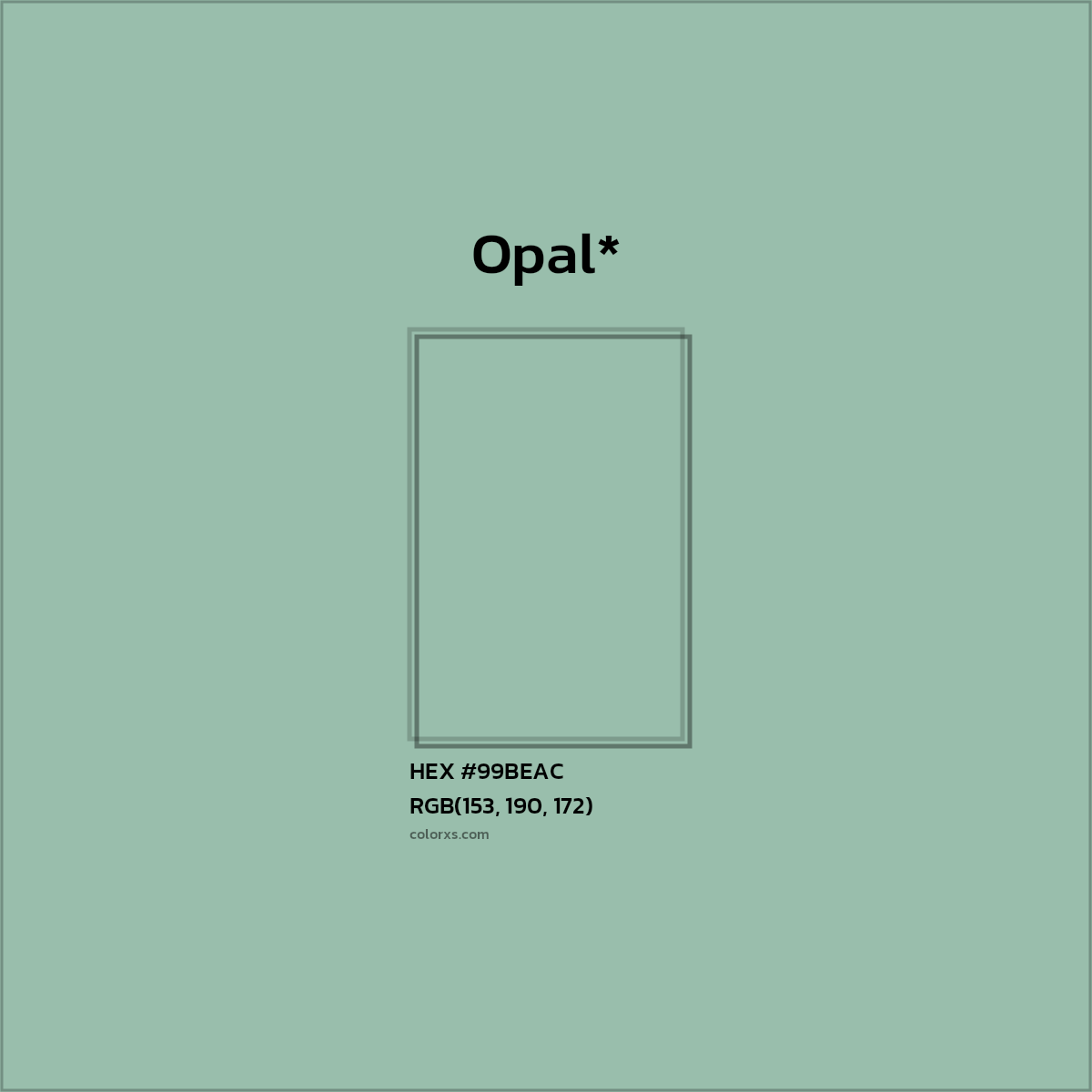 #99BEAC hex color. RGB, RYB, CMYK, HSL, HSV codes and color conversions. Matching color names, palettes, paints.