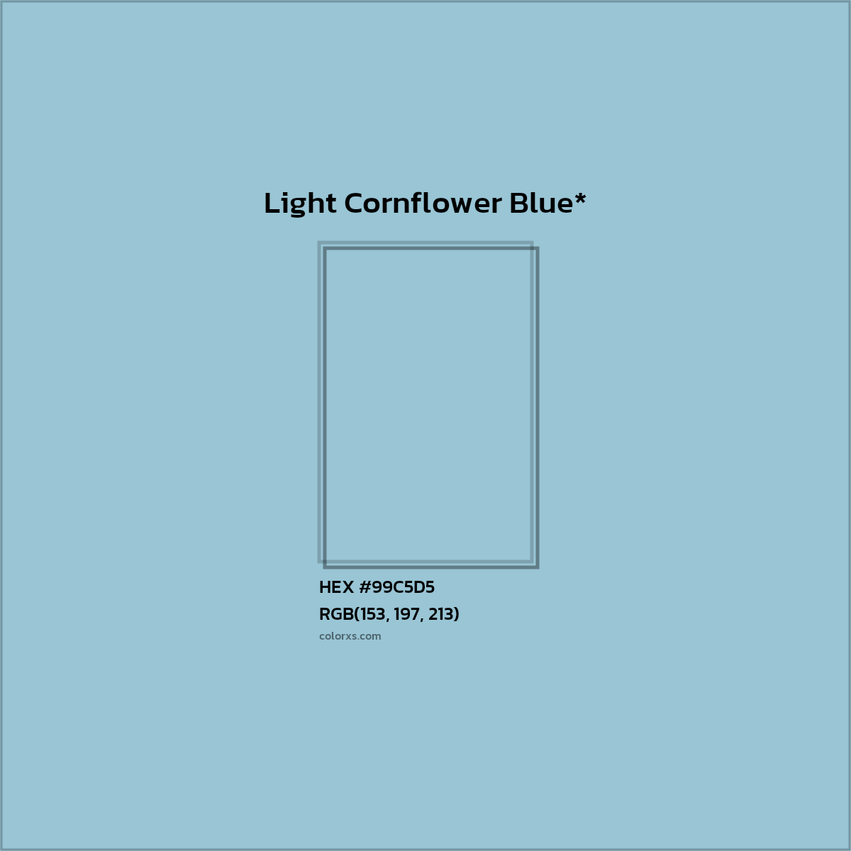 #99C5D5 hex color. RGB, RYB, CMYK, HSL, HSV codes and color conversions. Matching color names, palettes, paints.