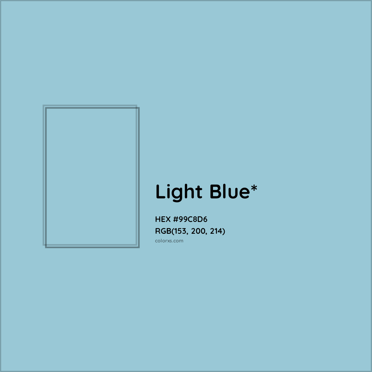 #99C8D6 hex color. RGB, RYB, CMYK, HSL, HSV codes and color conversions. Matching color names, palettes, paints.