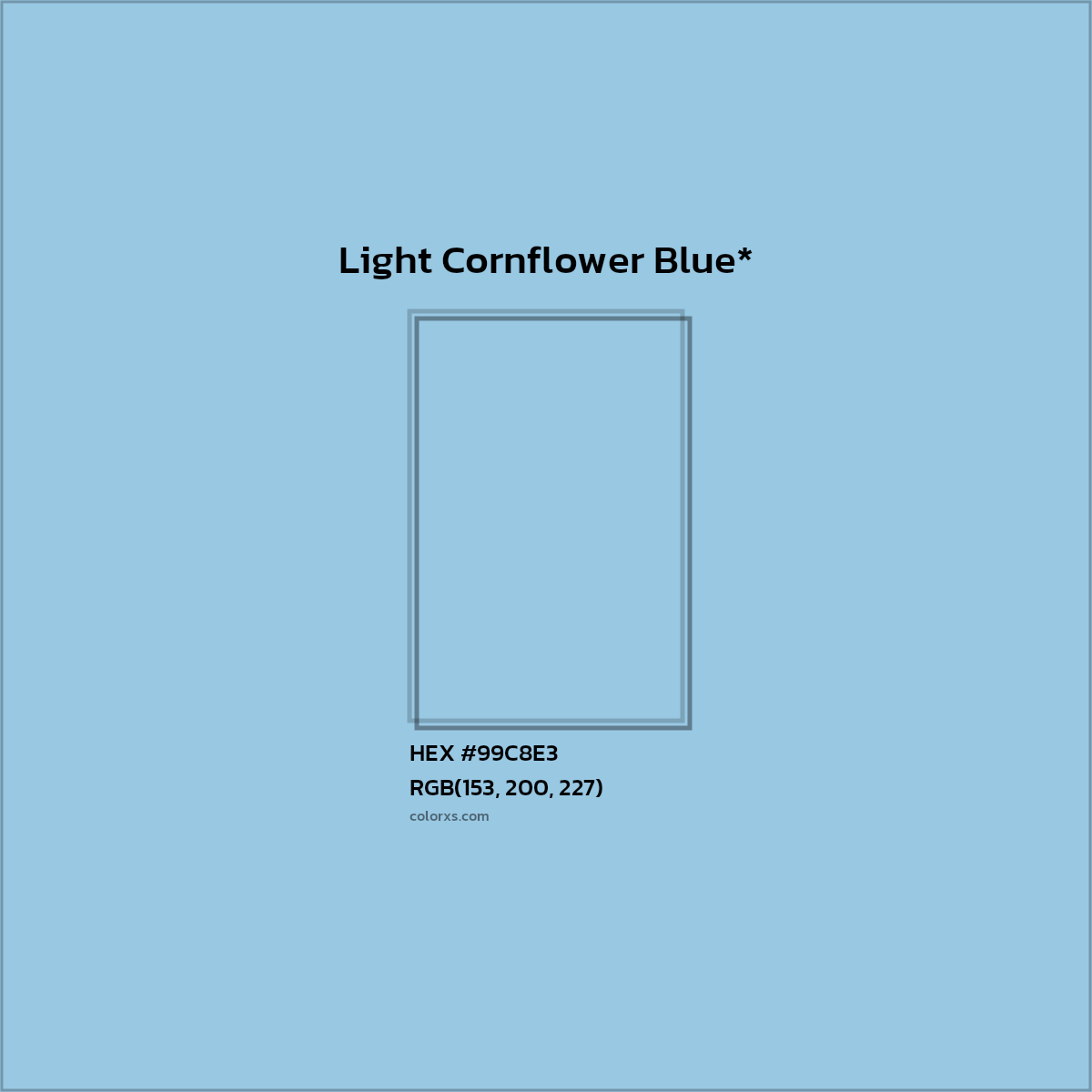 #99C8E3 hex color. RGB, RYB, CMYK, HSL, HSV codes and color conversions. Matching color names, palettes, paints.