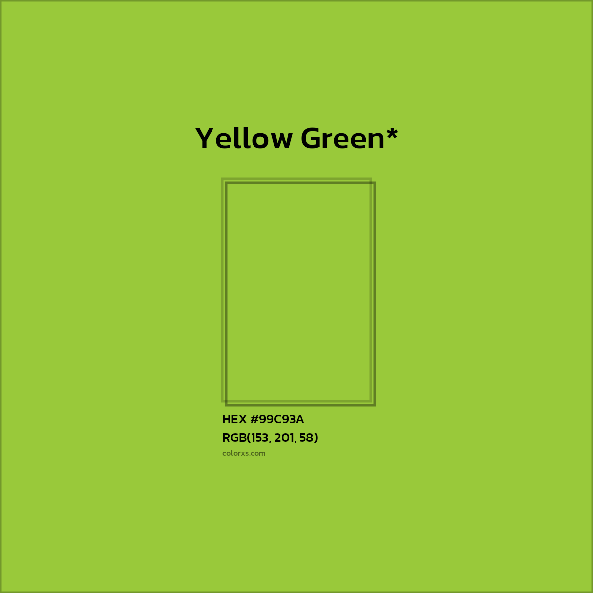 #99C93A hex color. RGB, RYB, CMYK, HSL, HSV codes and color conversions. Matching color names, palettes, paints.