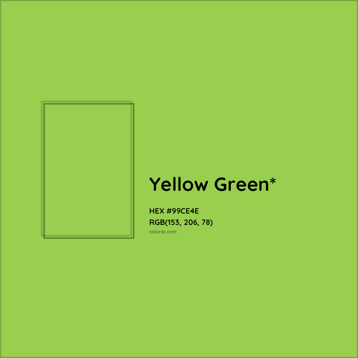 #99CE4E hex color. RGB, RYB, CMYK, HSL, HSV codes and color conversions. Matching color names, palettes, paints.
