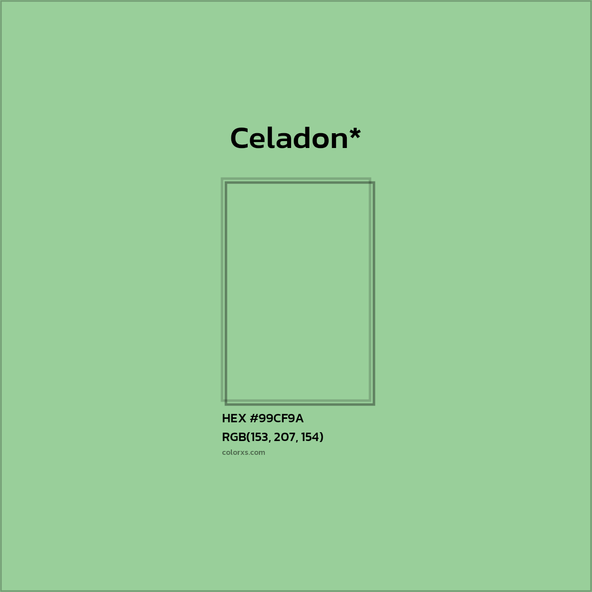 #99CF9A hex color. RGB, RYB, CMYK, HSL, HSV codes and color conversions. Matching color names, palettes, paints.