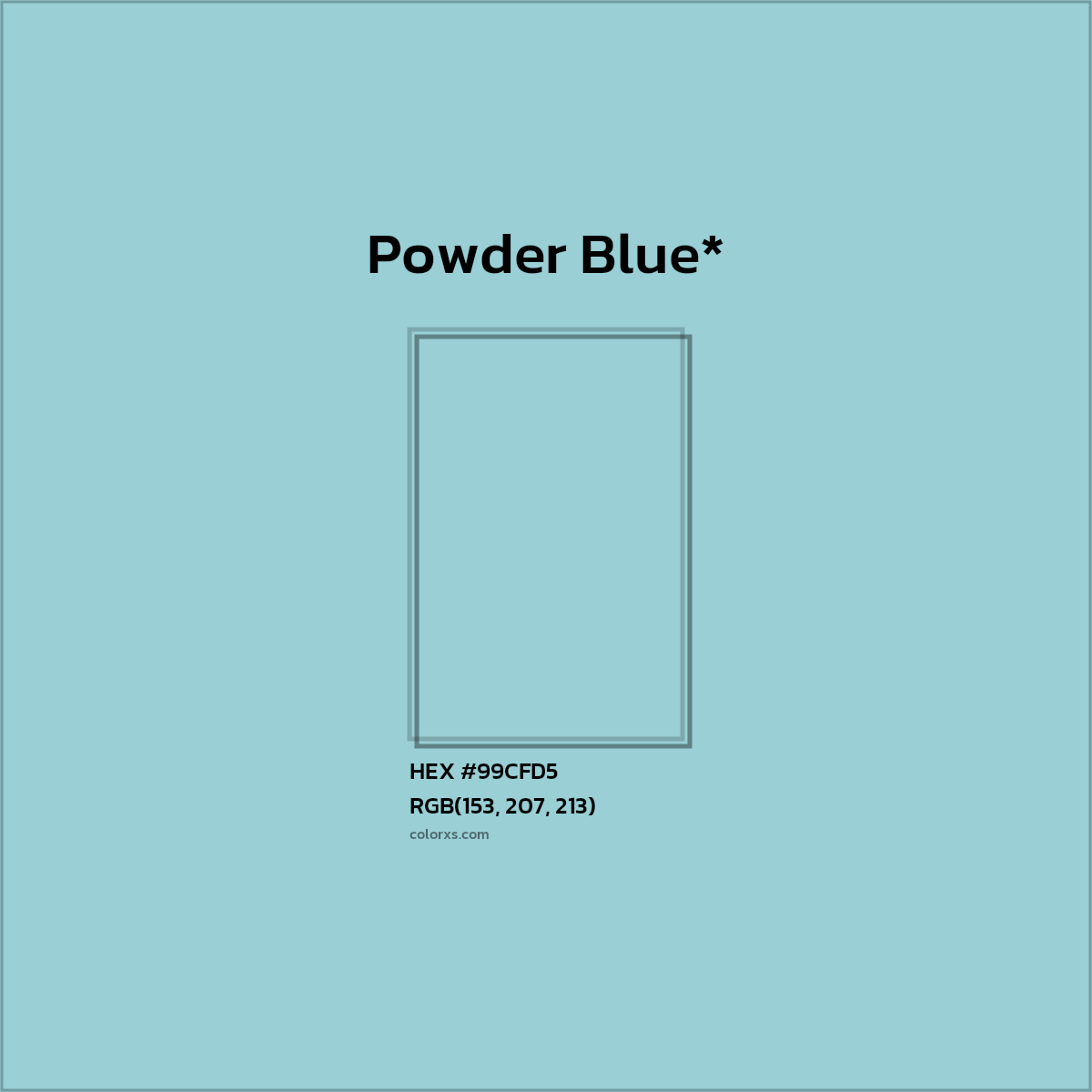 #99CFD5 hex color. RGB, RYB, CMYK, HSL, HSV codes and color conversions. Matching color names, palettes, paints.