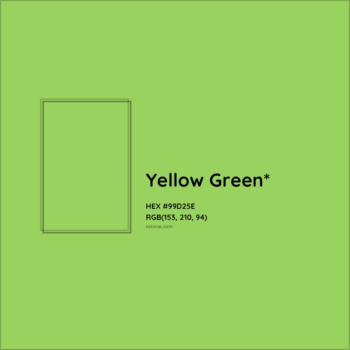 #99D25E hex color. RGB, RYB, CMYK, HSL, HSV codes and color conversions. Matching color names, palettes, paints.