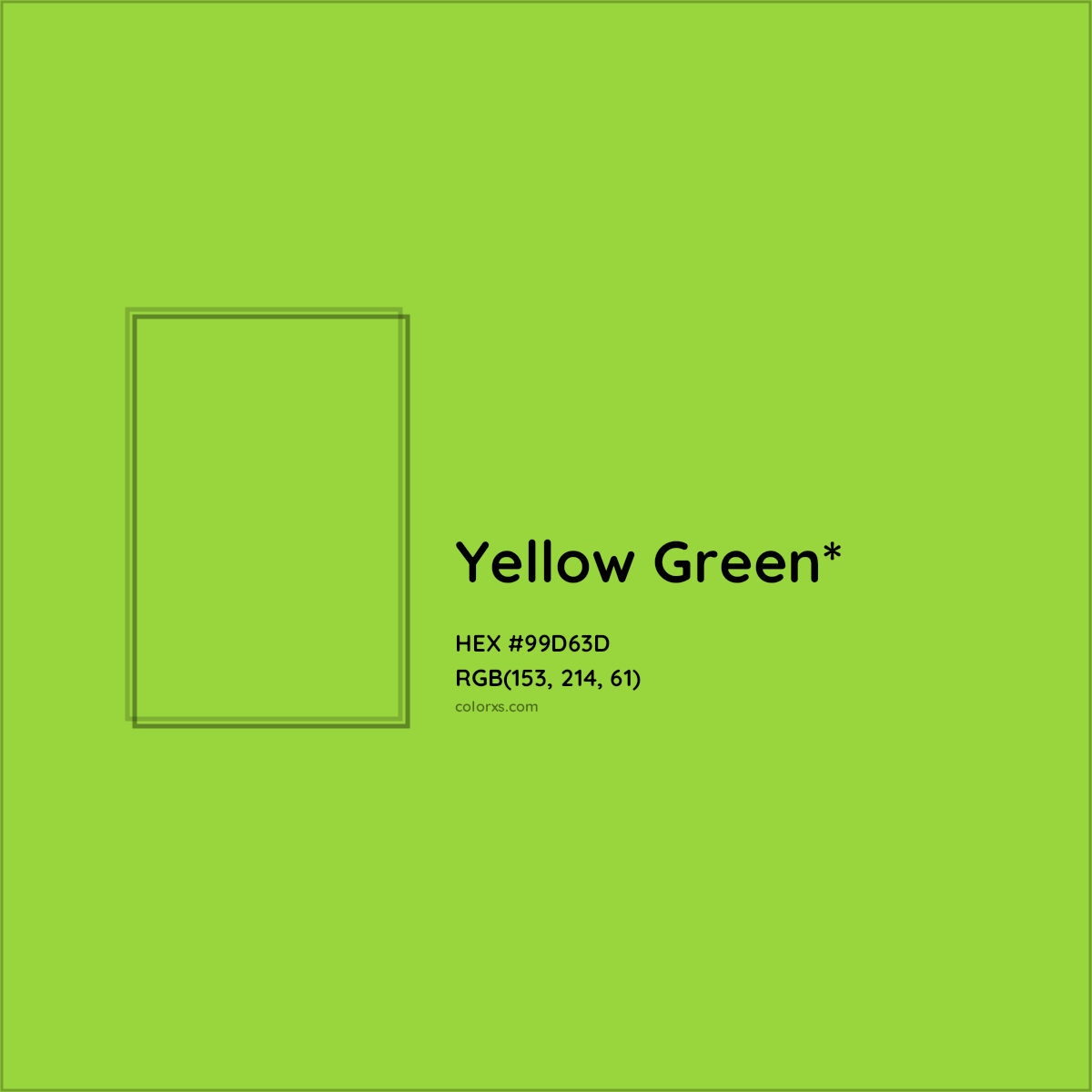 #99D63D hex color. RGB, RYB, CMYK, HSL, HSV codes and color conversions. Matching color names, palettes, paints.