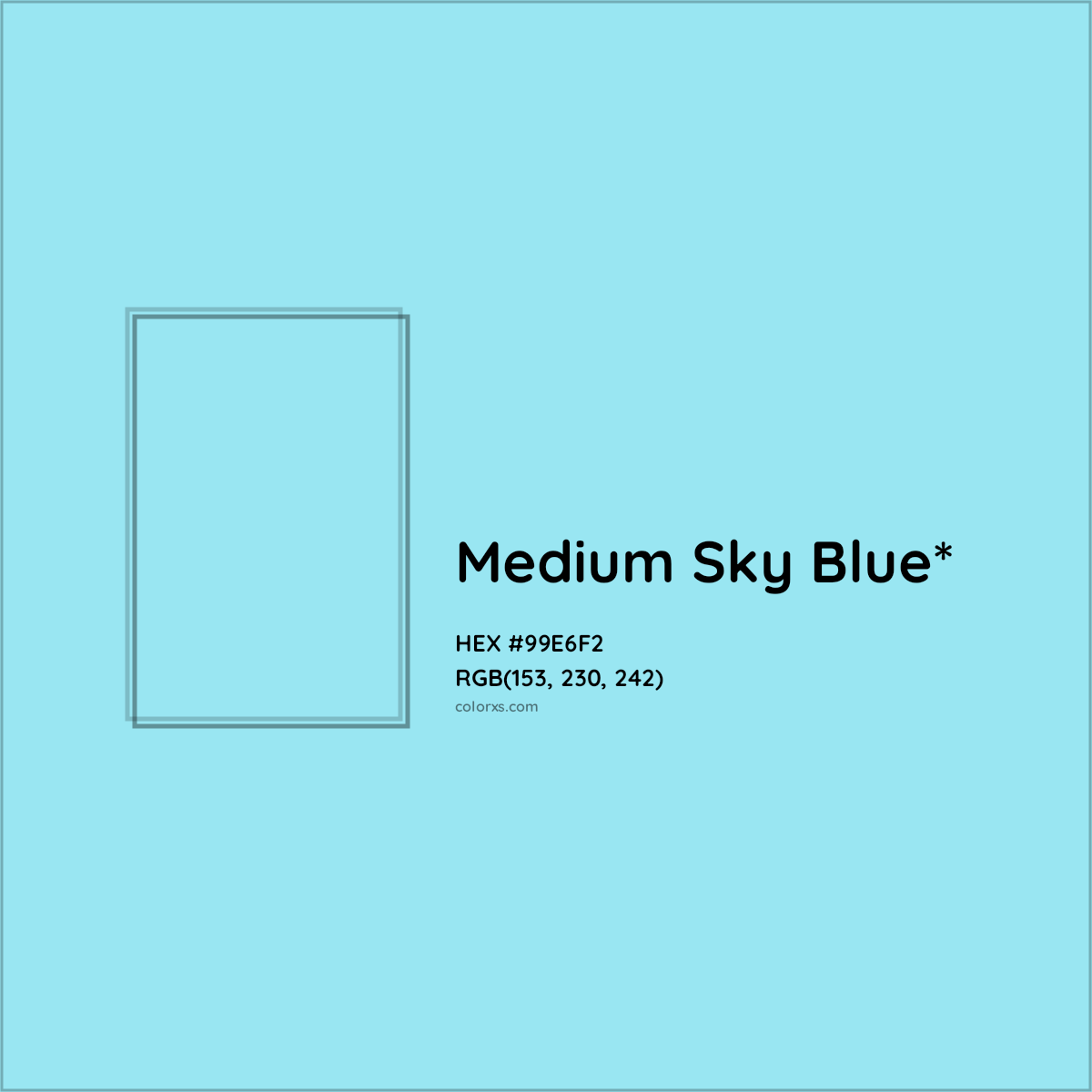 #99E6F2 hex color. RGB, RYB, CMYK, HSL, HSV codes and color conversions. Matching color names, palettes, paints.