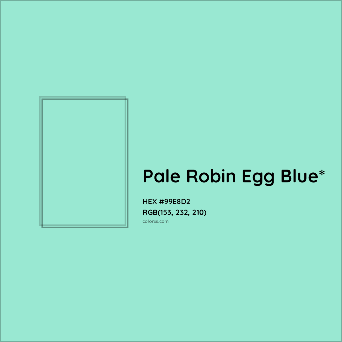 #99E8D2 hex color. RGB, RYB, CMYK, HSL, HSV codes and color conversions. Matching color names, palettes, paints.