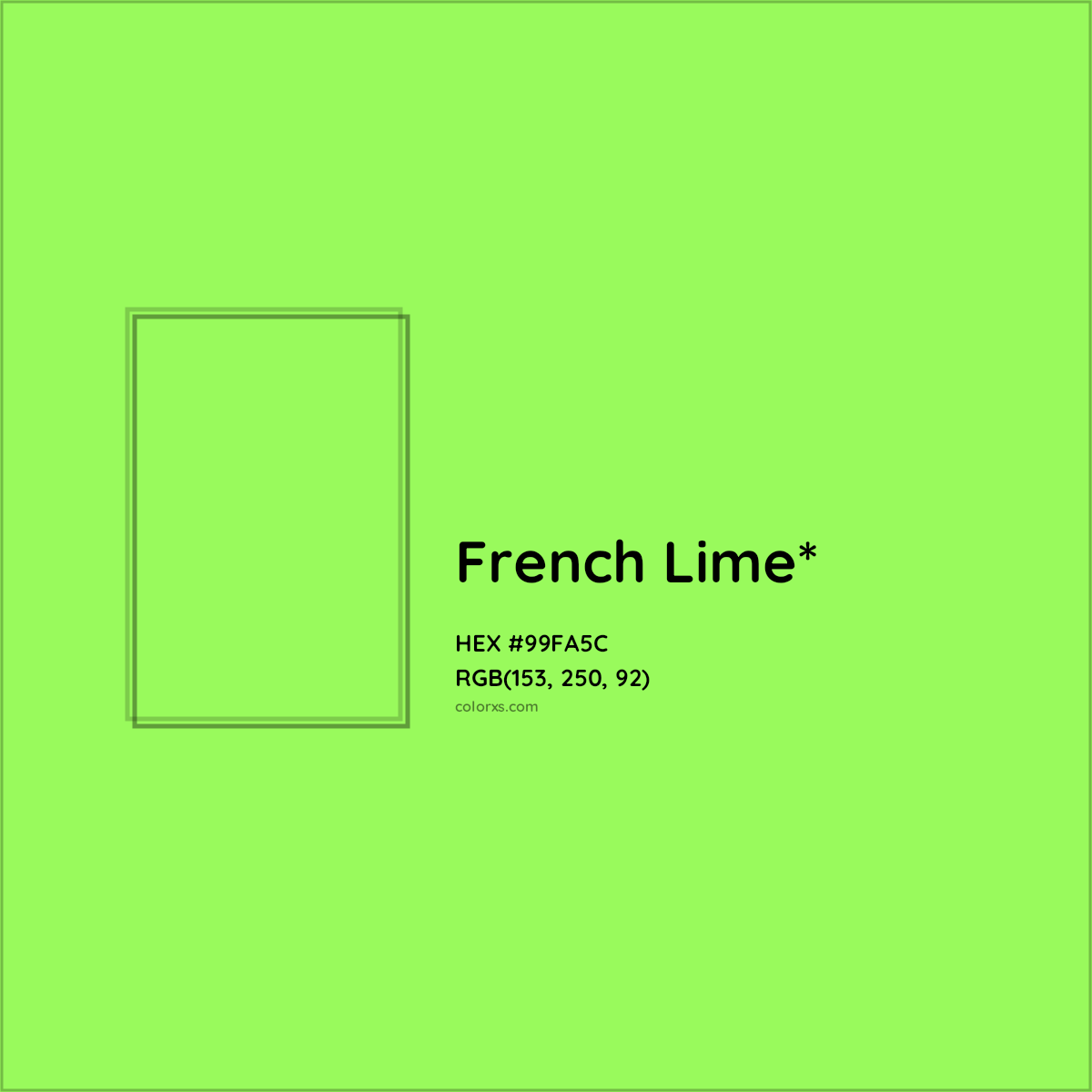 #99FA5C hex color. RGB, RYB, CMYK, HSL, HSV codes and color conversions. Matching color names, palettes, paints.