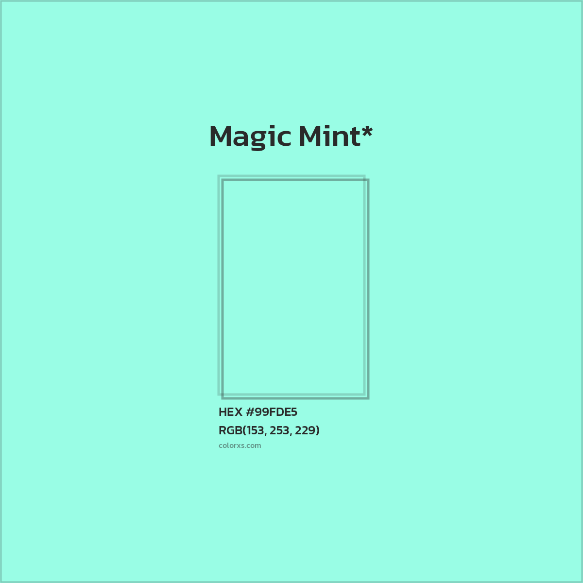 #99FDE5 hex color. RGB, RYB, CMYK, HSL, HSV codes and color conversions. Matching color names, palettes, paints.