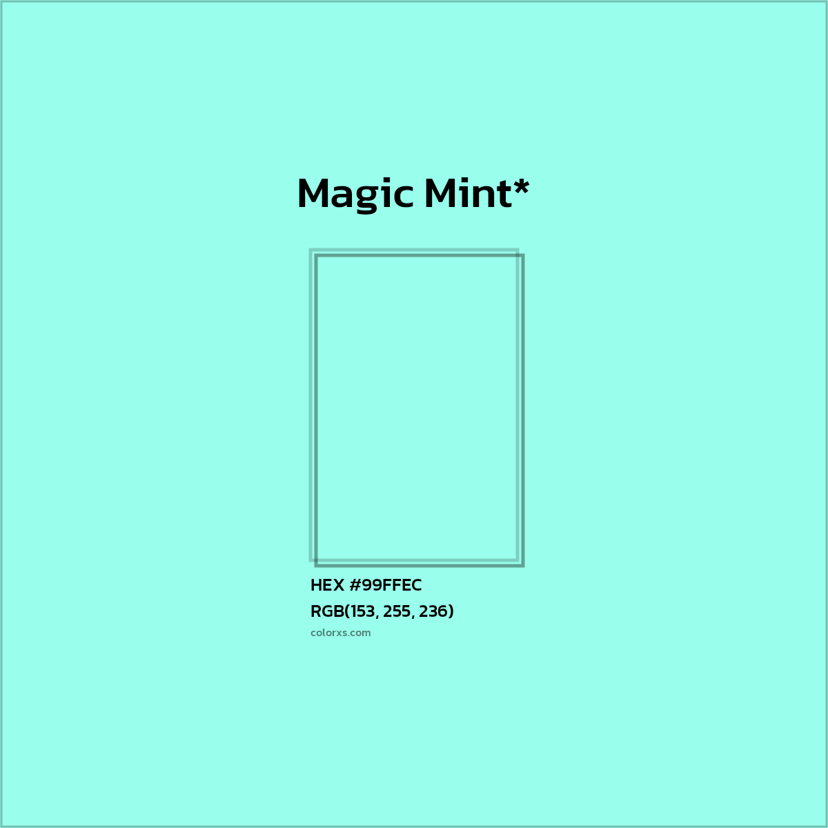 #99FFEC hex color. RGB, RYB, CMYK, HSL, HSV codes and color conversions. Matching color names, palettes, paints.