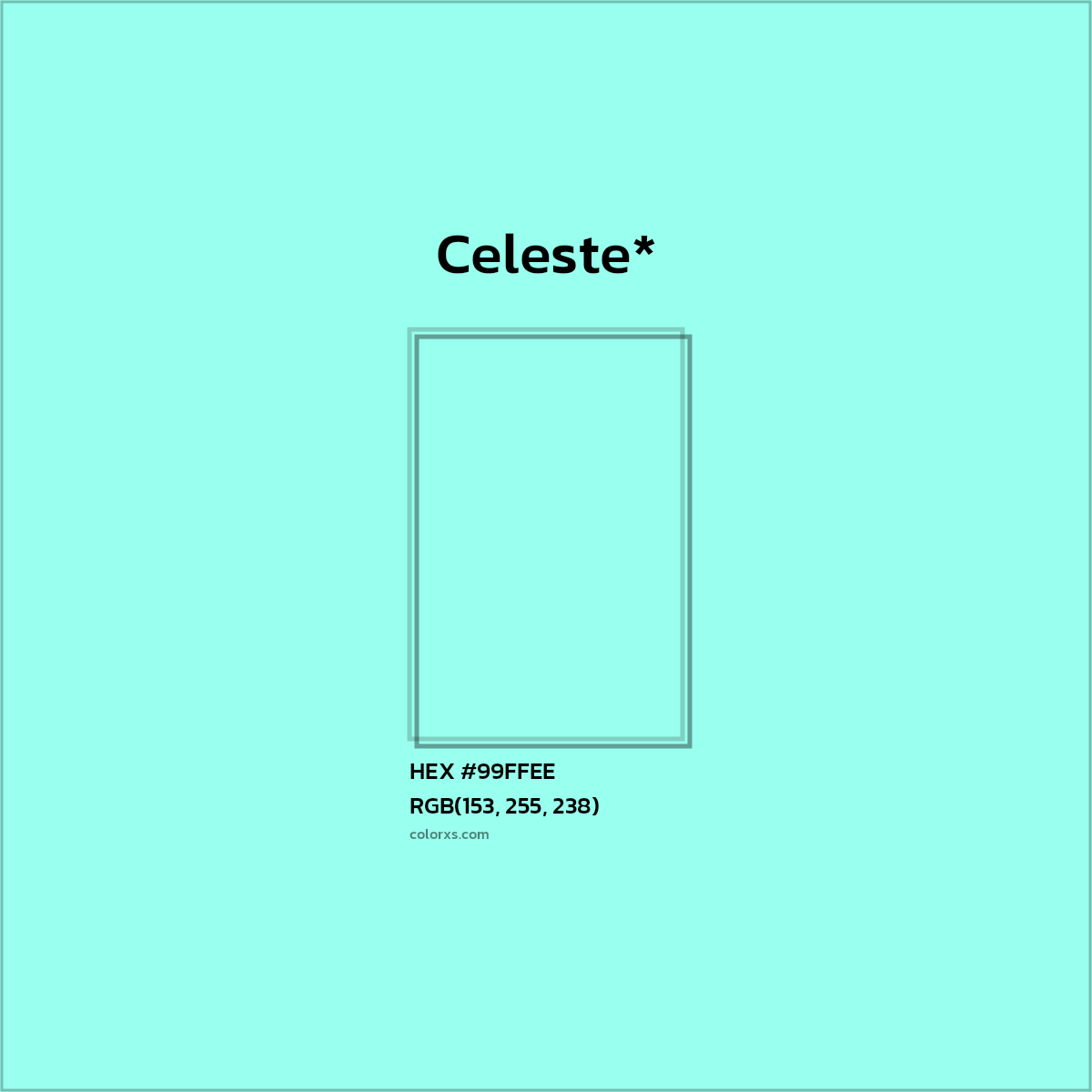 #99FFEE hex color. RGB, RYB, CMYK, HSL, HSV codes and color conversions. Matching color names, palettes, paints.