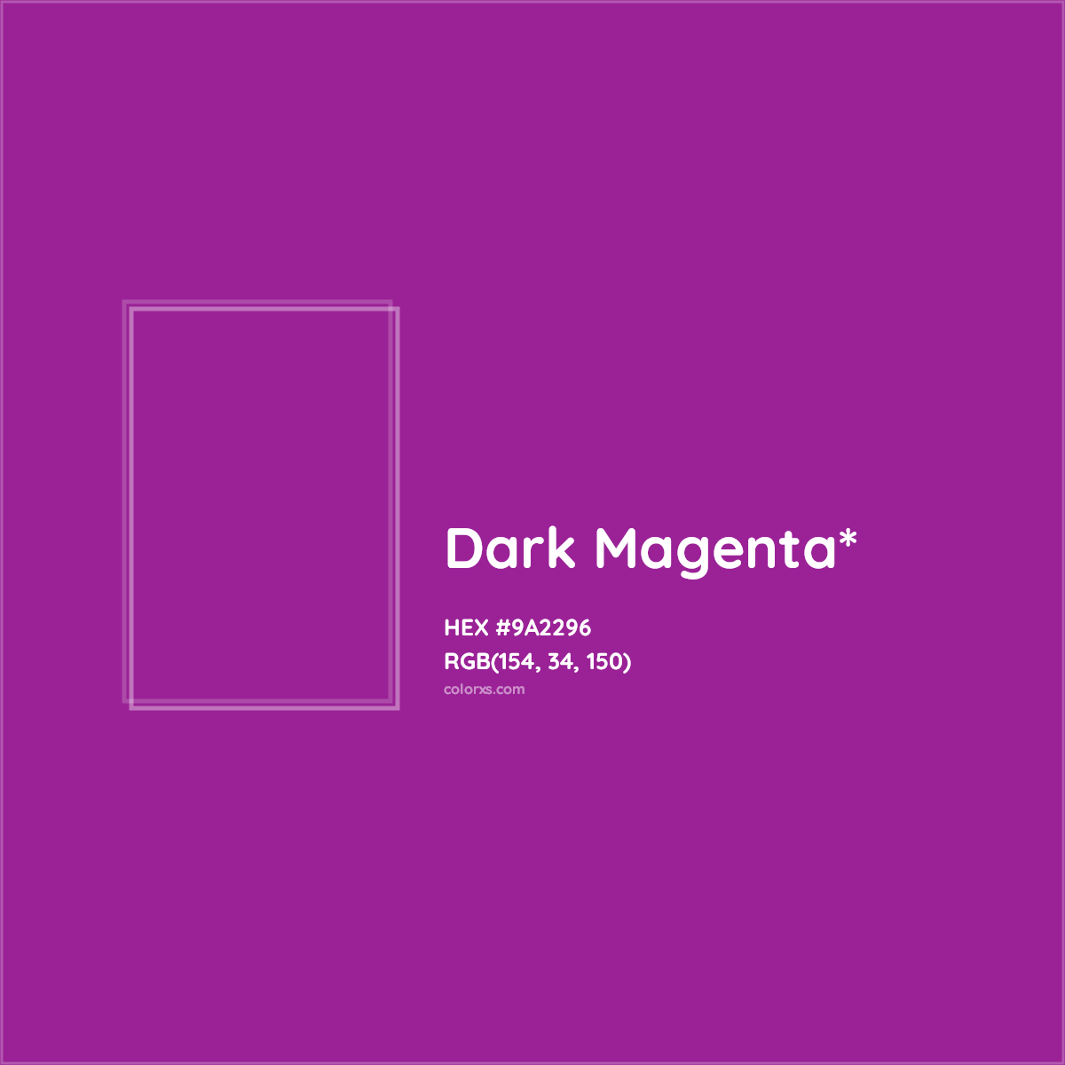 #9A2296 hex color. RGB, RYB, CMYK, HSL, HSV codes and color conversions. Matching color names, palettes, paints.