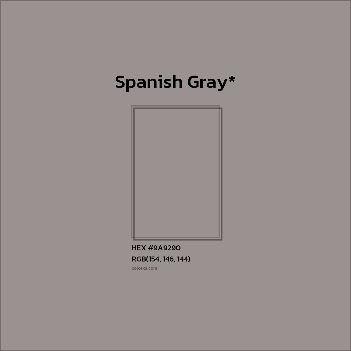 #9A9290 hex color. RGB, RYB, CMYK, HSL, HSV codes and color conversions. Matching color names, palettes, paints.