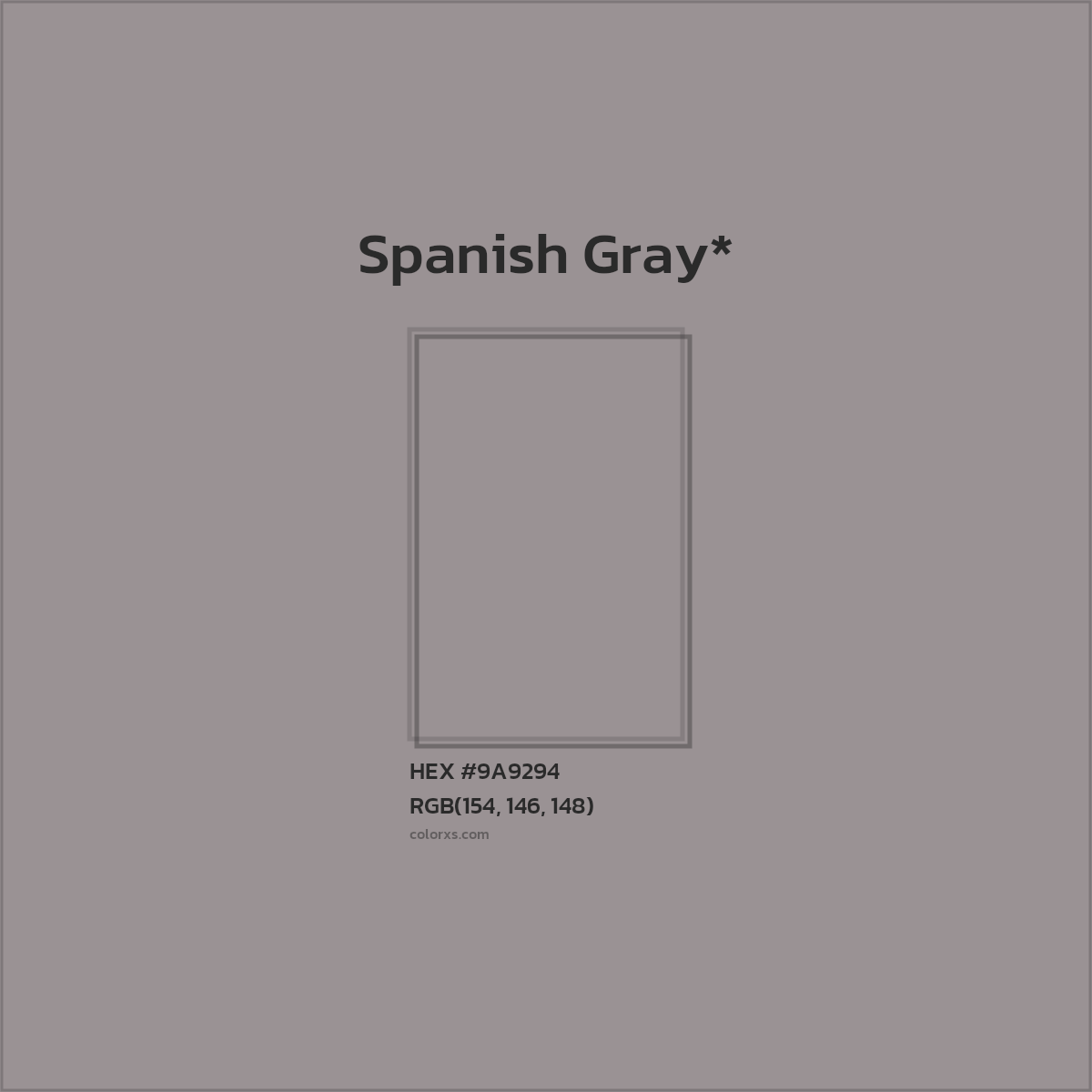 #9A9294 hex color. RGB, RYB, CMYK, HSL, HSV codes and color conversions. Matching color names, palettes, paints.