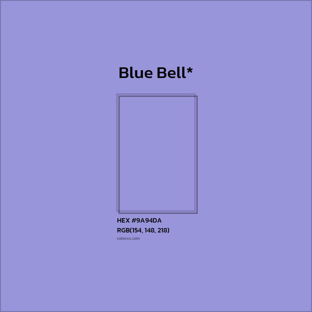 #9A94DA hex color. RGB, RYB, CMYK, HSL, HSV codes and color conversions. Matching color names, palettes, paints.
