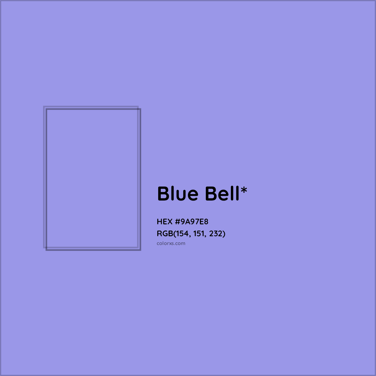#9A97E8 hex color. RGB, RYB, CMYK, HSL, HSV codes and color conversions. Matching color names, palettes, paints.