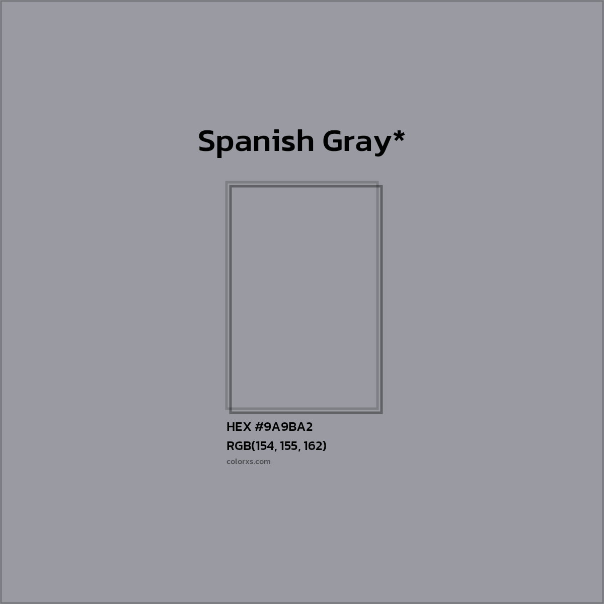 #9A9BA2 hex color. RGB, RYB, CMYK, HSL, HSV codes and color conversions. Matching color names, palettes, paints.