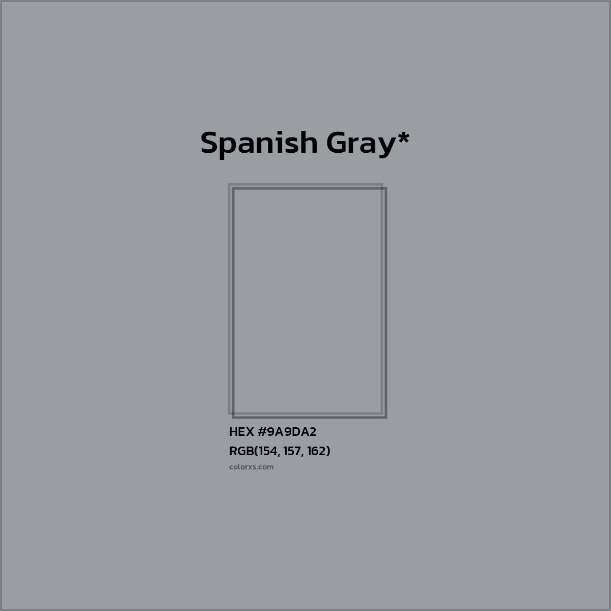 #9A9DA2 hex color. RGB, RYB, CMYK, HSL, HSV codes and color conversions. Matching color names, palettes, paints.