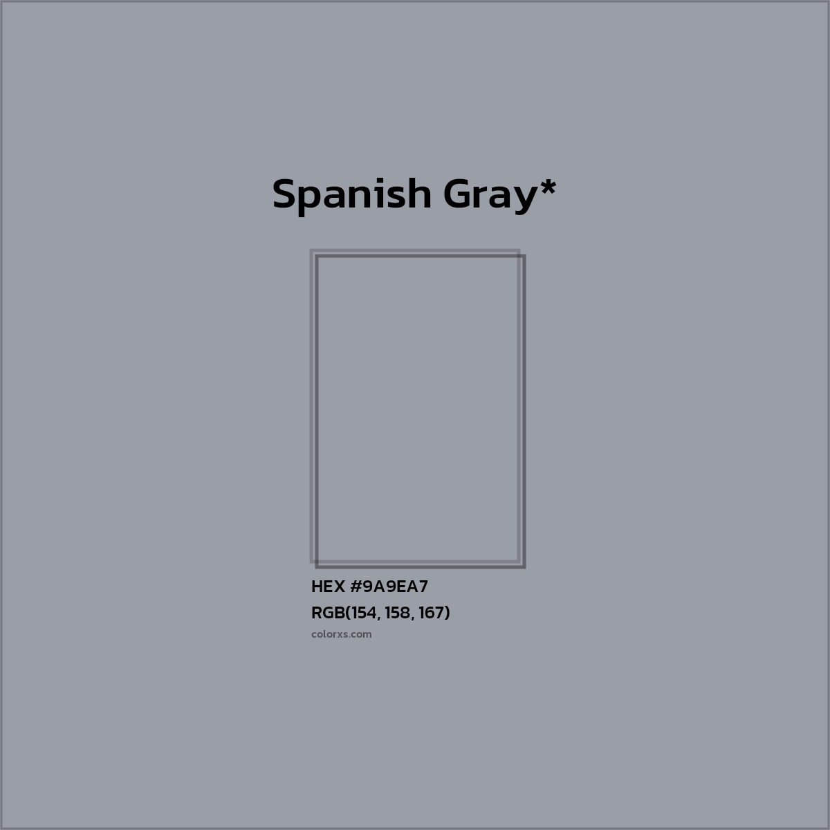 #9A9EA7 hex color. RGB, RYB, CMYK, HSL, HSV codes and color conversions. Matching color names, palettes, paints.