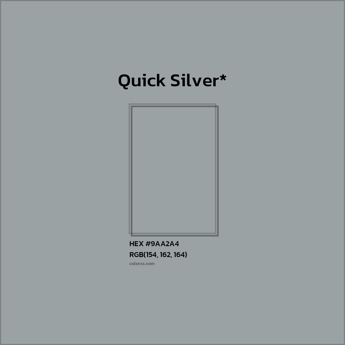 #9AA2A4 hex color. RGB, RYB, CMYK, HSL, HSV codes and color conversions. Matching color names, palettes, paints.