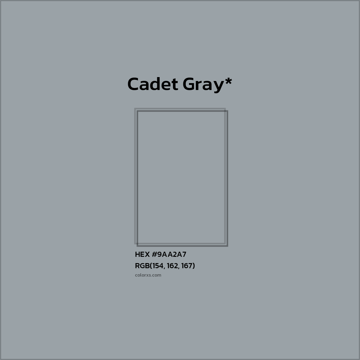 #9AA2A7 hex color. RGB, RYB, CMYK, HSL, HSV codes and color conversions. Matching color names, palettes, paints.