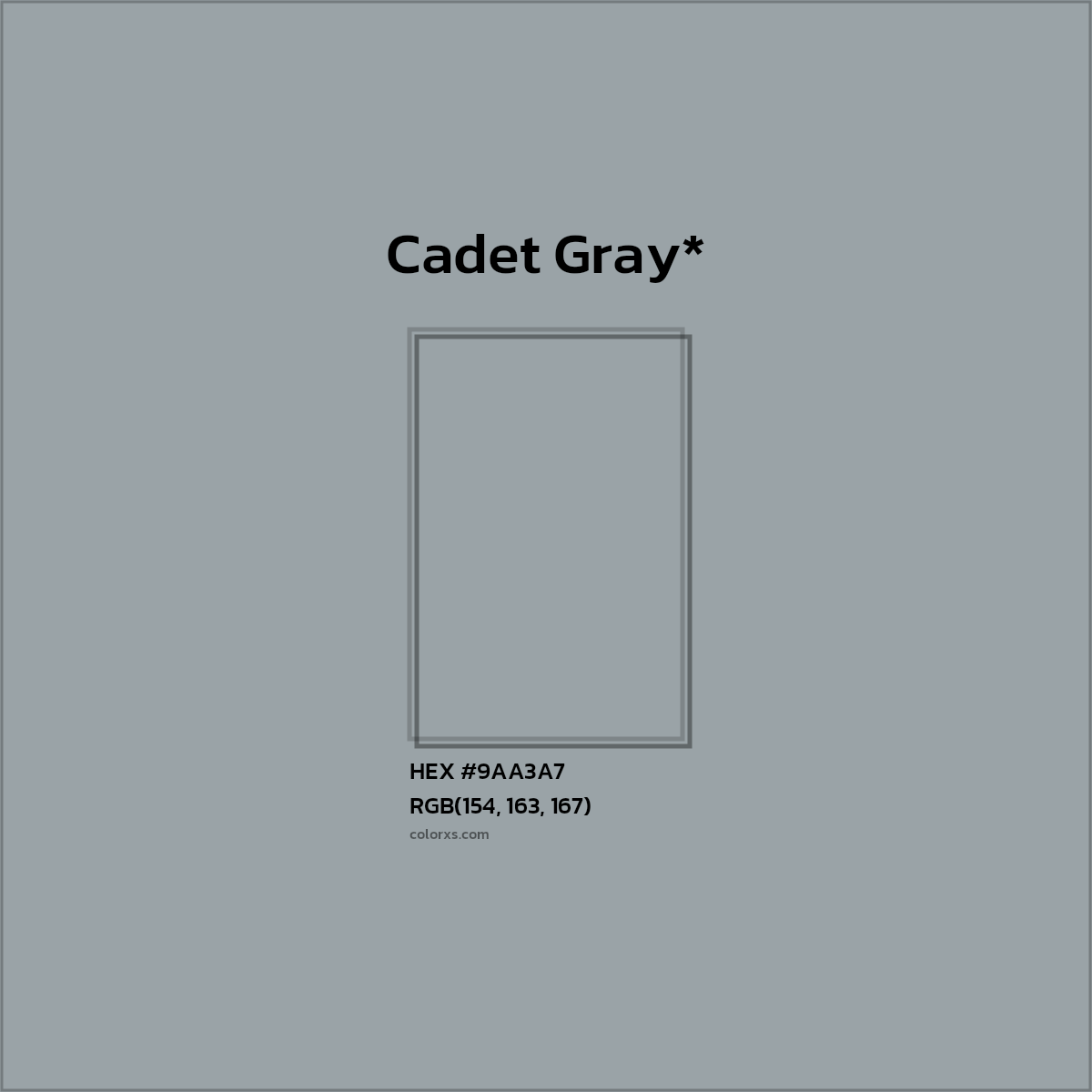 #9AA3A7 hex color. RGB, RYB, CMYK, HSL, HSV codes and color conversions. Matching color names, palettes, paints.
