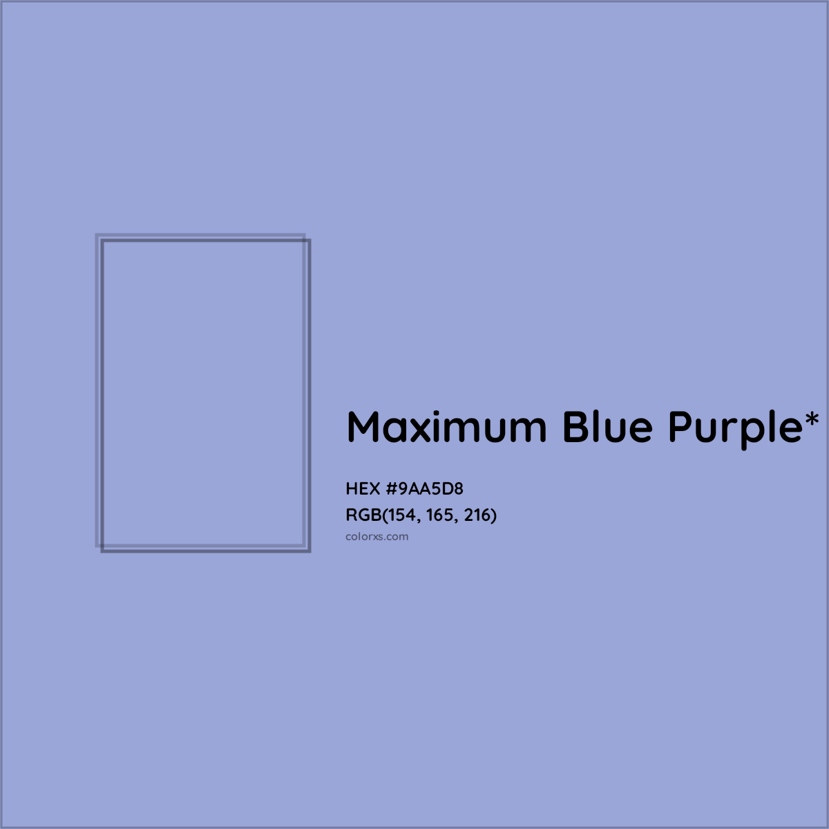 #9AA5D8 hex color. RGB, RYB, CMYK, HSL, HSV codes and color conversions. Matching color names, palettes, paints.