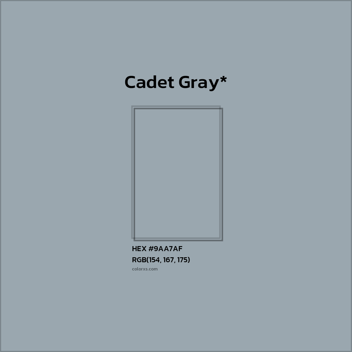 #9AA7AF hex color. RGB, RYB, CMYK, HSL, HSV codes and color conversions. Matching color names, palettes, paints.