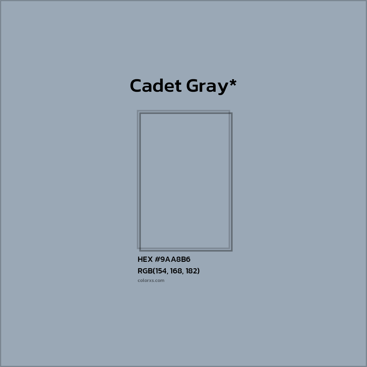 #9AA8B6 hex color. RGB, RYB, CMYK, HSL, HSV codes and color conversions. Matching color names, palettes, paints.