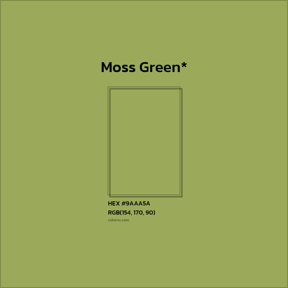 #9AAA5A hex color. RGB, RYB, CMYK, HSL, HSV codes and color conversions. Matching color names, palettes, paints.