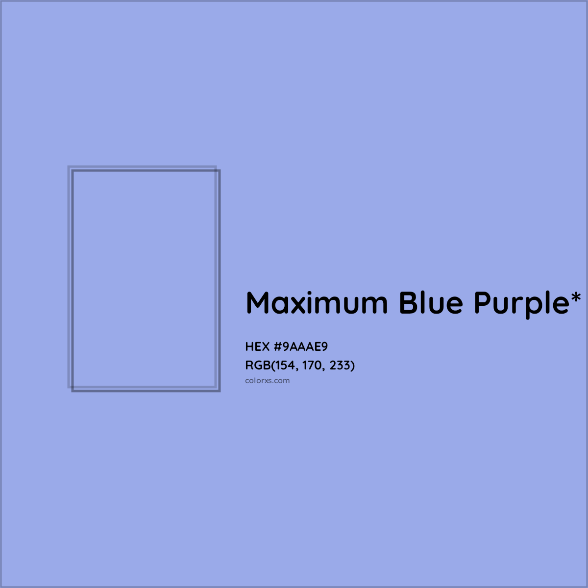 #9AAAE9 hex color. RGB, RYB, CMYK, HSL, HSV codes and color conversions. Matching color names, palettes, paints.