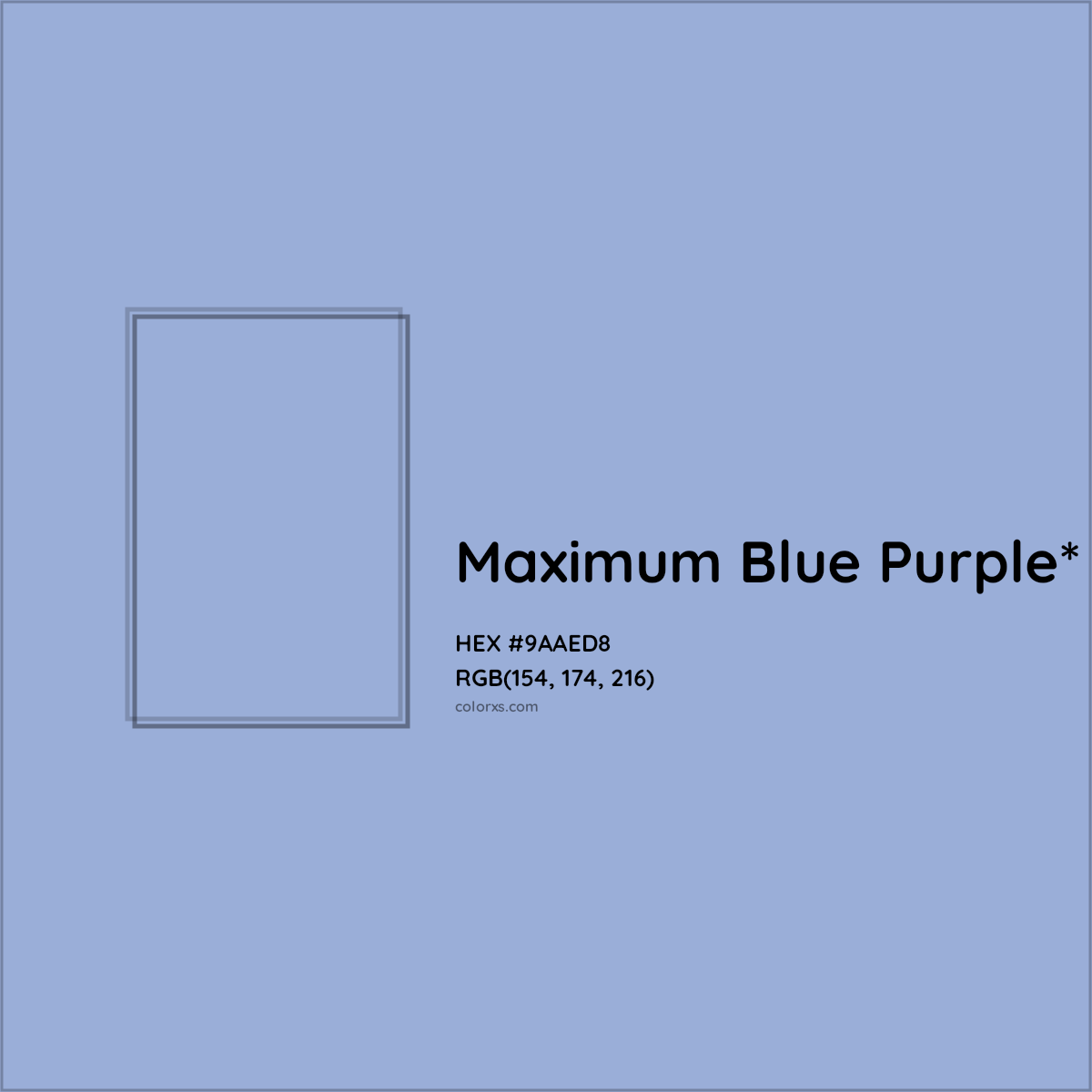 #9AAED8 hex color. RGB, RYB, CMYK, HSL, HSV codes and color conversions. Matching color names, palettes, paints.