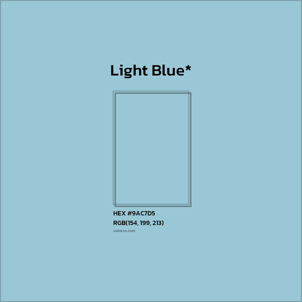 #9AC7D5 hex color. RGB, RYB, CMYK, HSL, HSV codes and color conversions. Matching color names, palettes, paints.