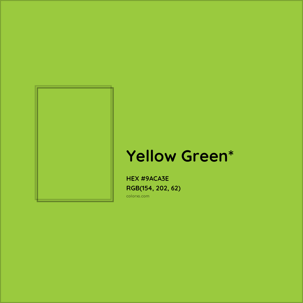 #9ACA3E hex color. RGB, RYB, CMYK, HSL, HSV codes and color conversions. Matching color names, palettes, paints.