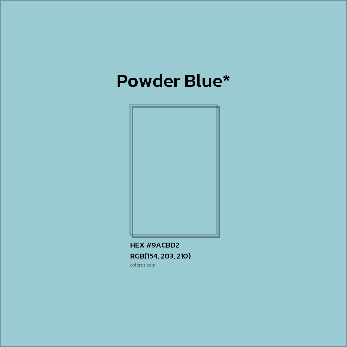 #9ACBD2 hex color. RGB, RYB, CMYK, HSL, HSV codes and color conversions. Matching color names, palettes, paints.