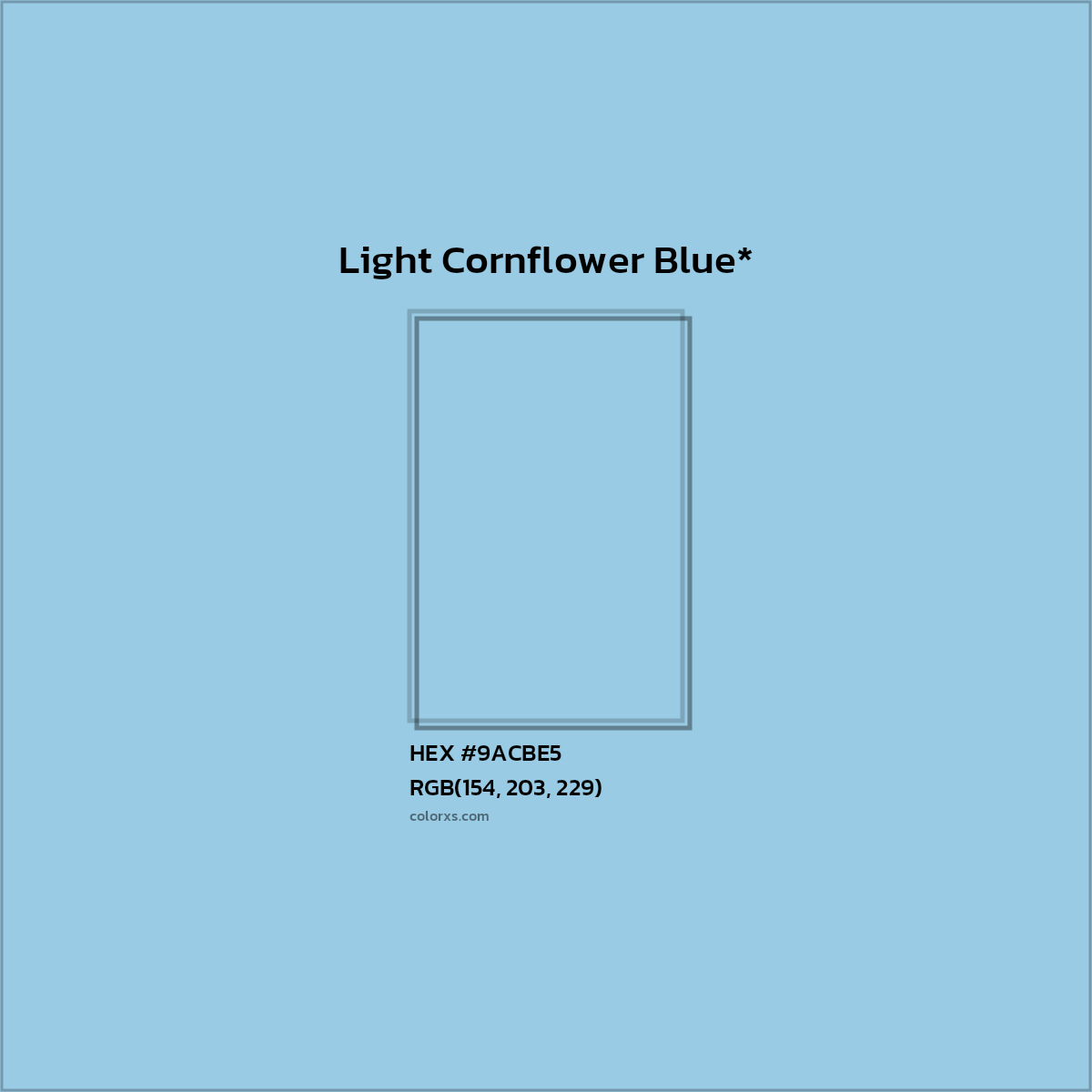 #9ACBE5 hex color. RGB, RYB, CMYK, HSL, HSV codes and color conversions. Matching color names, palettes, paints.