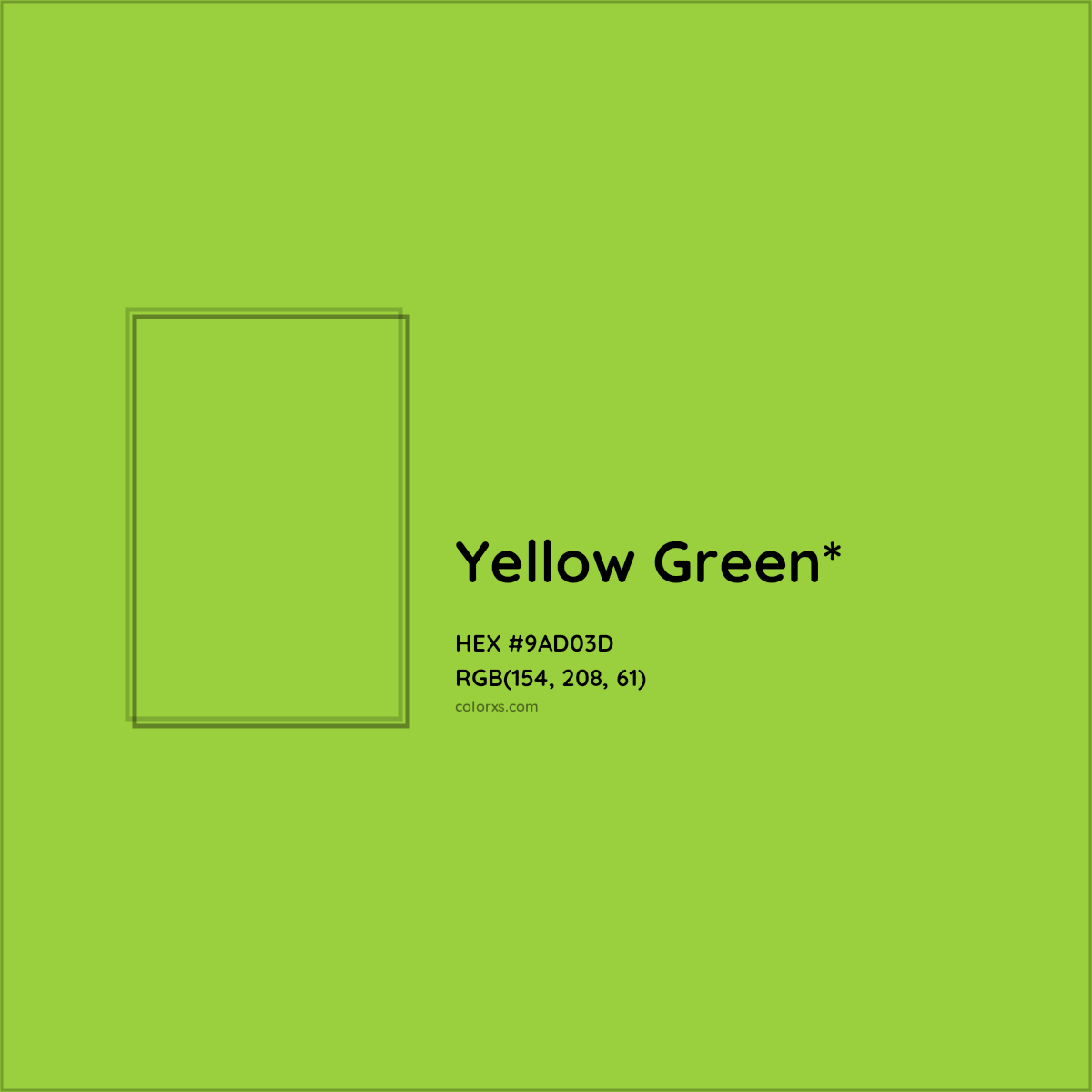 #9AD03D hex color. RGB, RYB, CMYK, HSL, HSV codes and color conversions. Matching color names, palettes, paints.