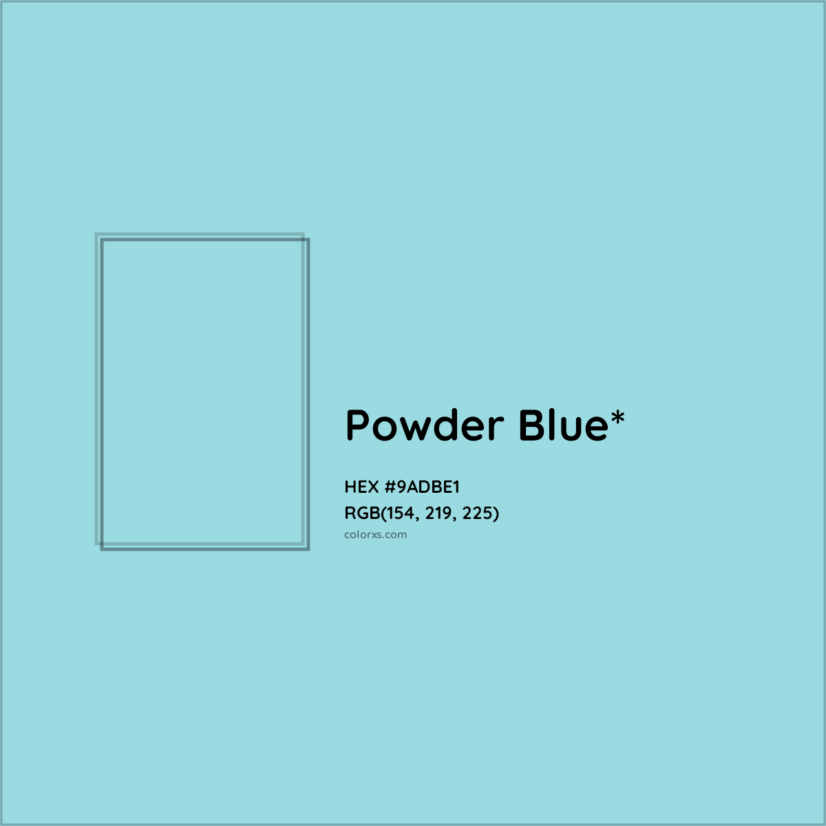 #9ADBE1 hex color. RGB, RYB, CMYK, HSL, HSV codes and color conversions. Matching color names, palettes, paints.