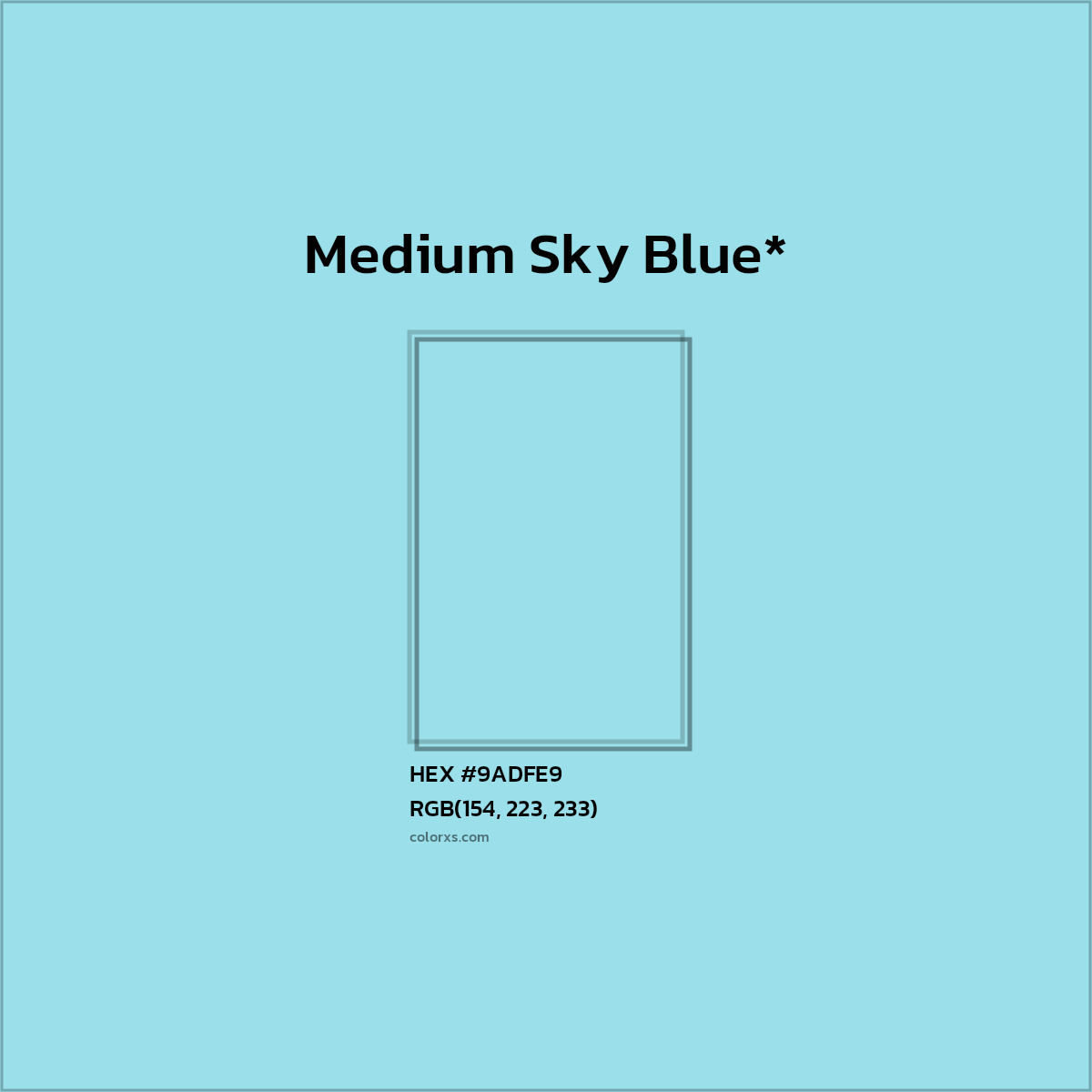 #9ADFE9 hex color. RGB, RYB, CMYK, HSL, HSV codes and color conversions. Matching color names, palettes, paints.